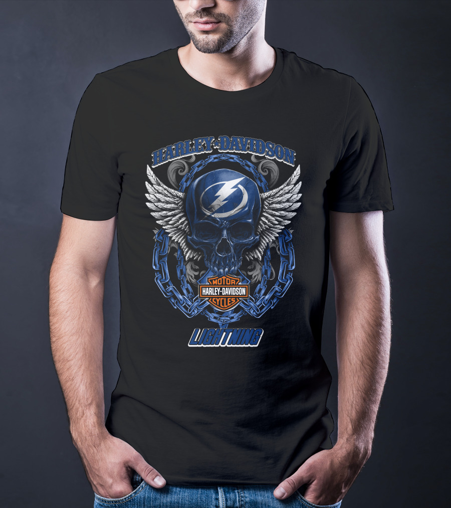 Harley Davidson Nhl Tampa Bay Lightning Skull Wings Chain T-Shirt