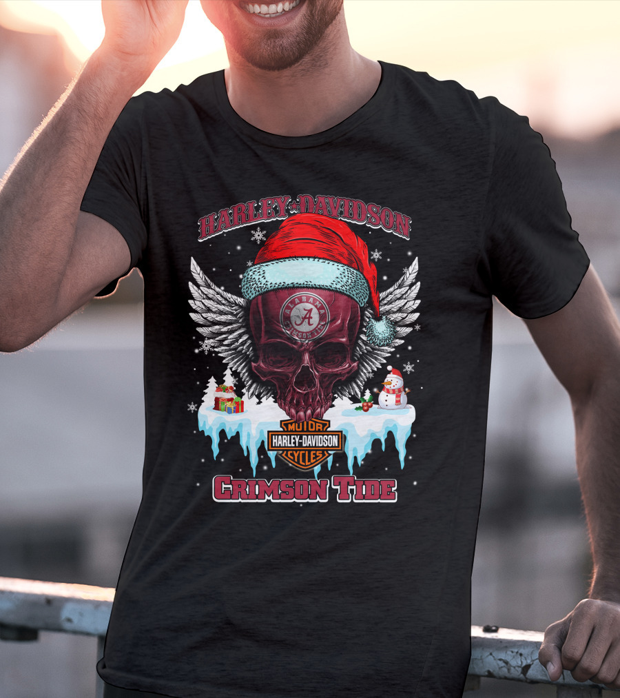 Harley Davidson Alabama Crimson Tide Christmas Skull Wings T-Shirt