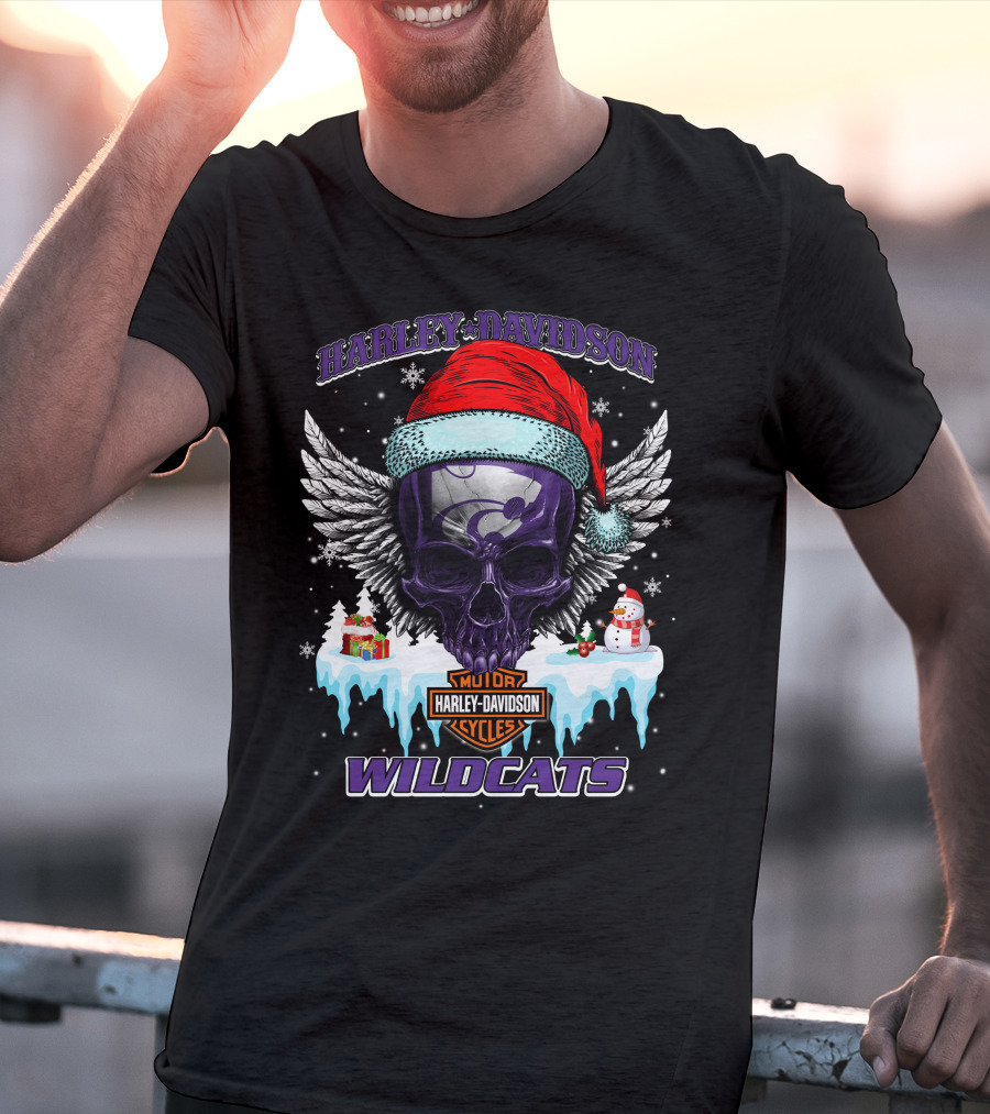 Harley Davidson Kansas State Wildcats Christmas Skull Wings T-Shirt