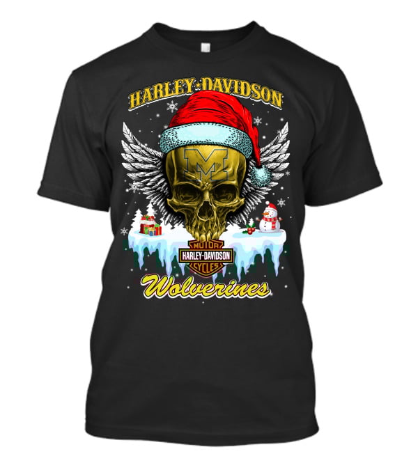 Harley Davidson Michigan Wolverines Skull Santa Hat Snowflake T-Shirt