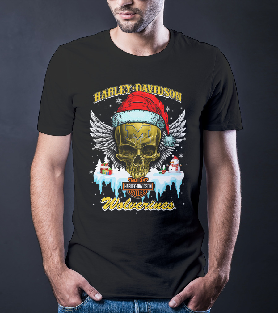 Harley Davidson Michigan Wolverines Skull Santa Hat Snowflake T-Shirt