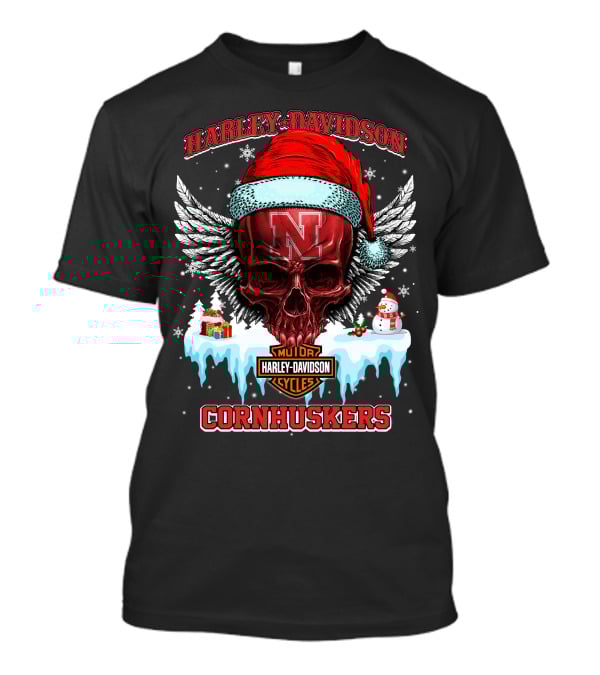 Harley Davidson Nebraska Cornhuskers Skull Santa Claus Wings Snowman T-Shirt