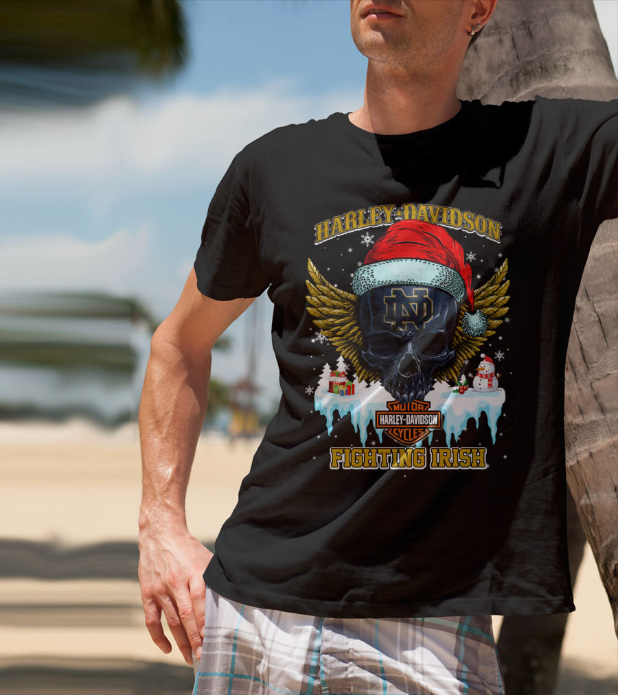 Harley Davidson Notre Dame Fighting Irish Santa Skull T-Shirt