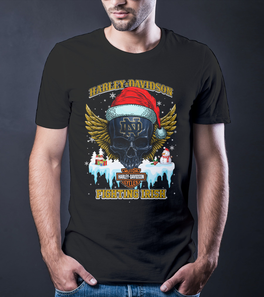 Harley Davidson Notre Dame Fighting Irish Santa Skull T-Shirt