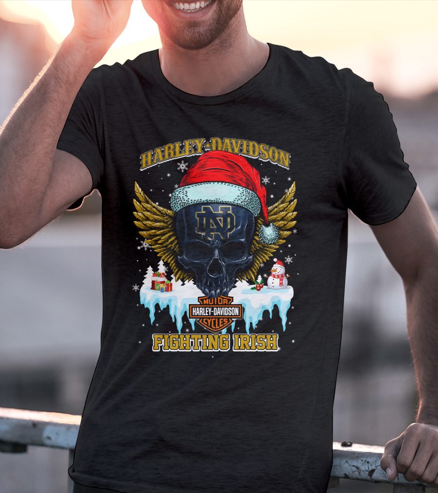 Harley Davidson Notre Dame Fighting Irish Santa Skull T-Shirt