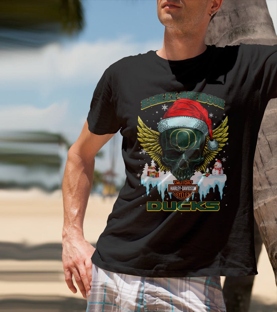 Harley Davidson Oregon Ducks Santa Skull Snowman Holiday T-Shirt
