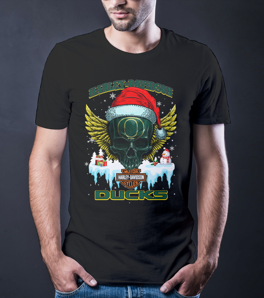 Harley Davidson Oregon Ducks Santa Skull Snowman Holiday T-Shirt