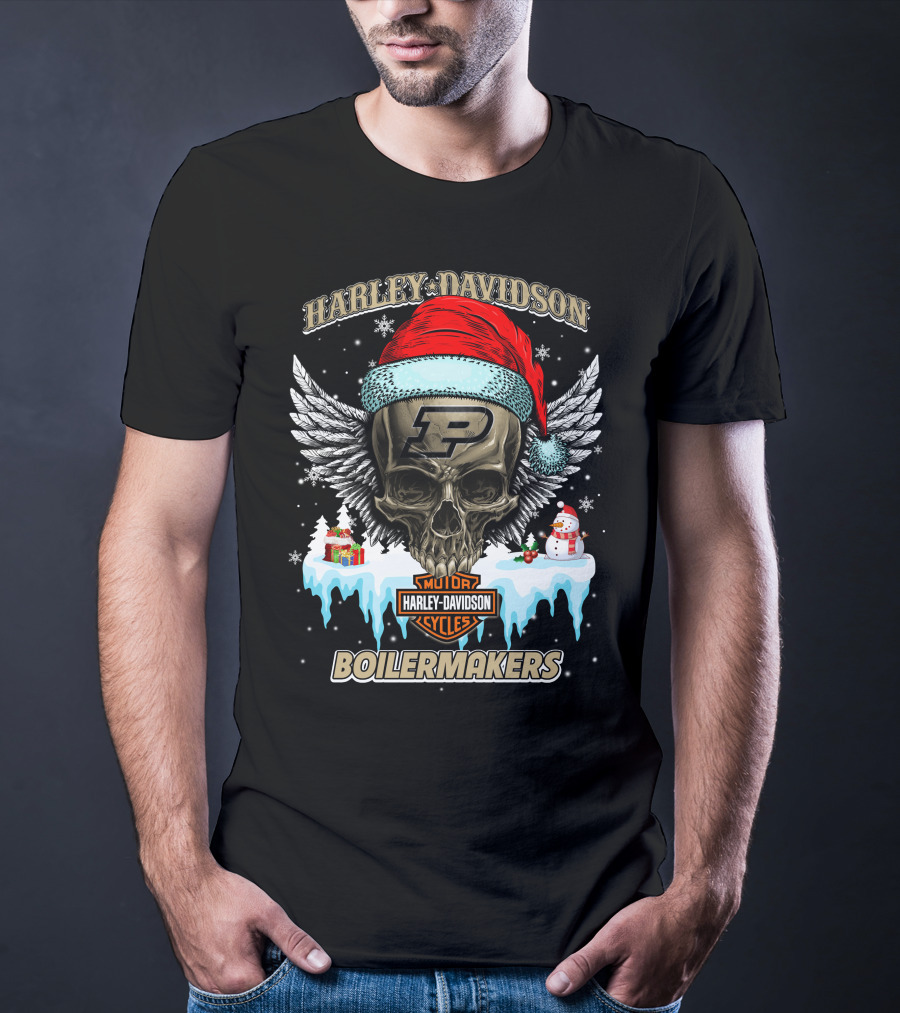 Harley Davidson Purdue Boilermakers Skull With Santa Hat And Snowflakes T-Shirt