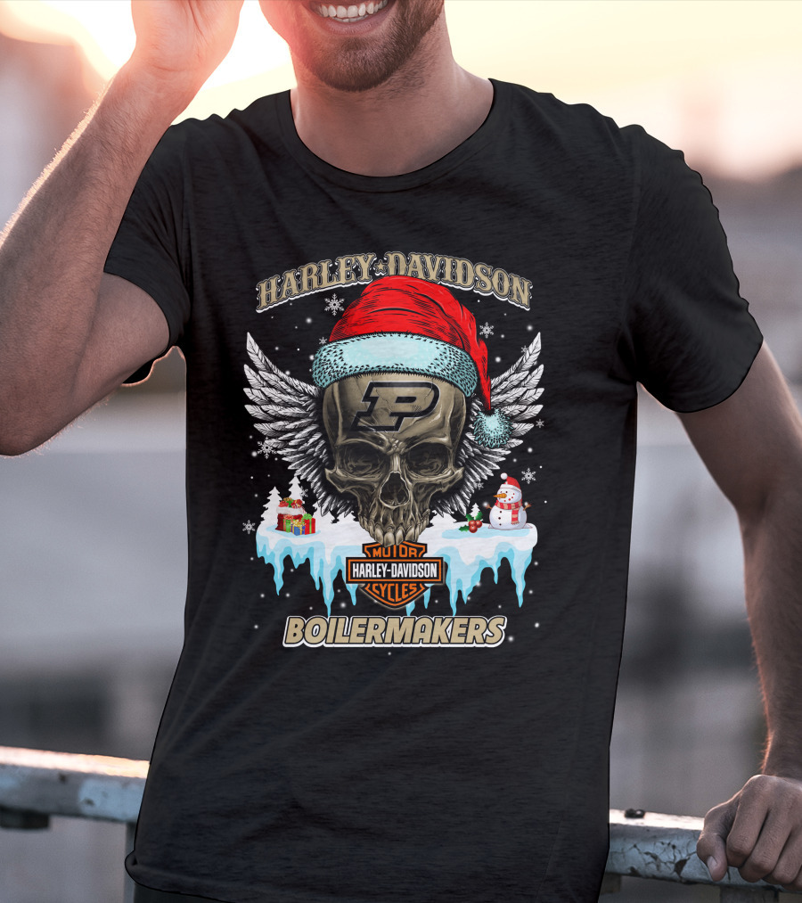 Harley Davidson Purdue Boilermakers Skull With Santa Hat And Snowflakes T-Shirt