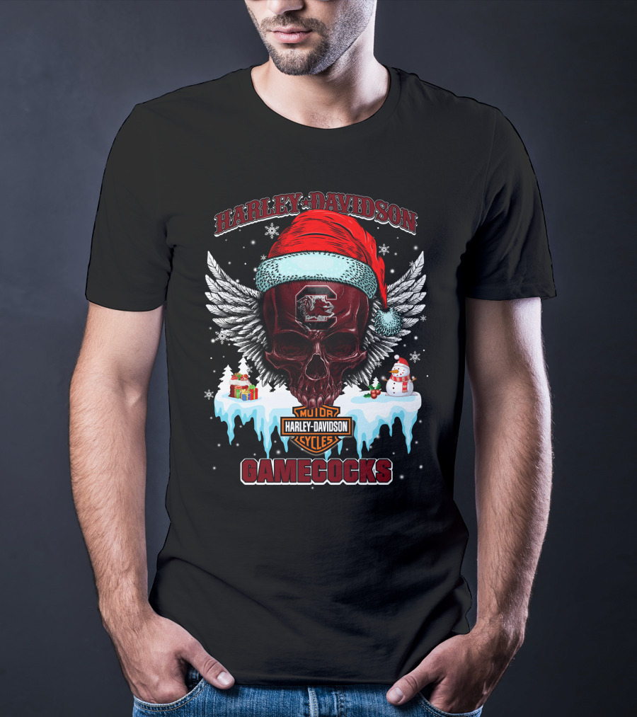 Harley Davidson Gamecocks Christmas Skull With Santa Hat And Snowman T-Shirt