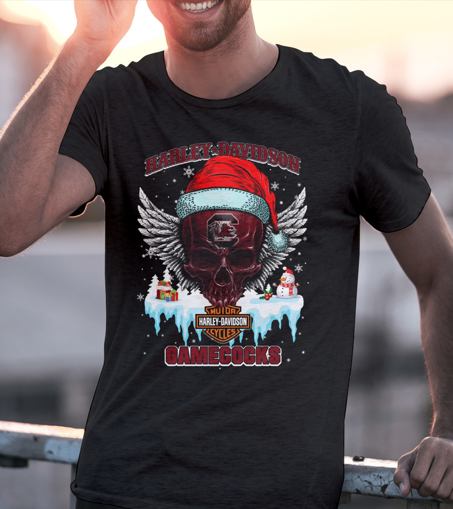 Harley Davidson Gamecocks Christmas Skull With Santa Hat And Snowman T-Shirt