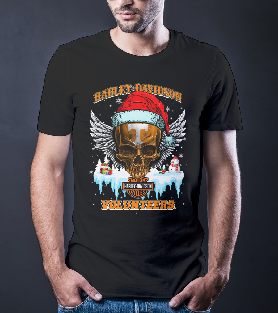 Harley Davidson Motor Cycles Tennessee Volunteers Santa Skull T-Shirt
