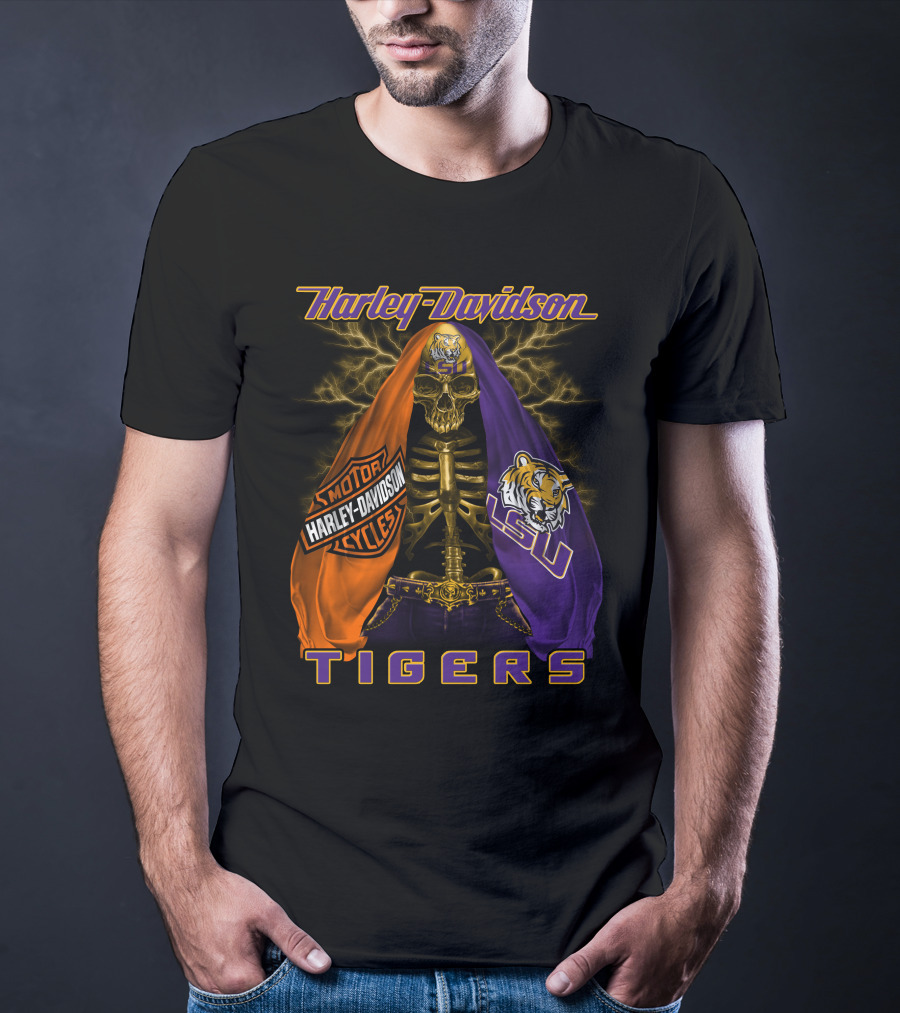 Harley Davidson Lsu Tigers Skeleton Motorcycles T-Shirt