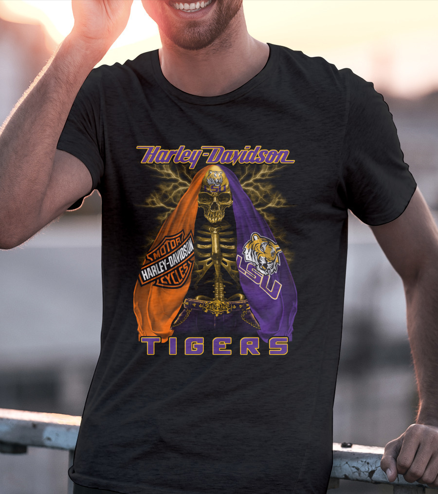 Harley Davidson Lsu Tigers Skeleton Motorcycles T-Shirt
