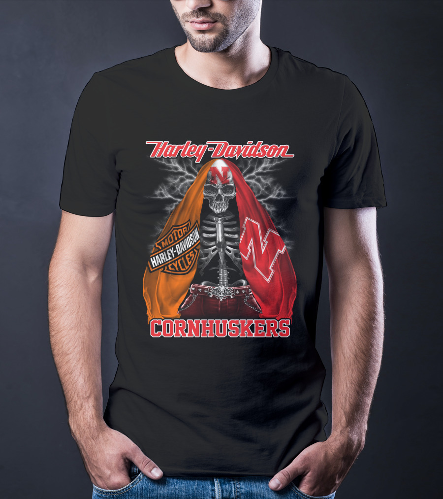 Harley Davidson Nebraska Cornhuskers Skeleton With Logo Cloak T-Shirt