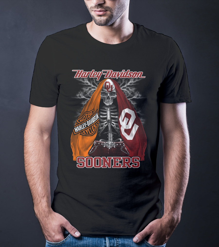 Harley Davidson Oklahoma Sooners Skeleton Thunderbolt T-Shirt