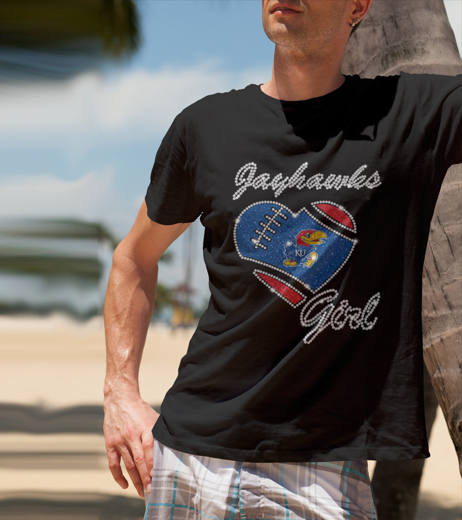 Jayhawks Girl KU Football Heart T-Shirt