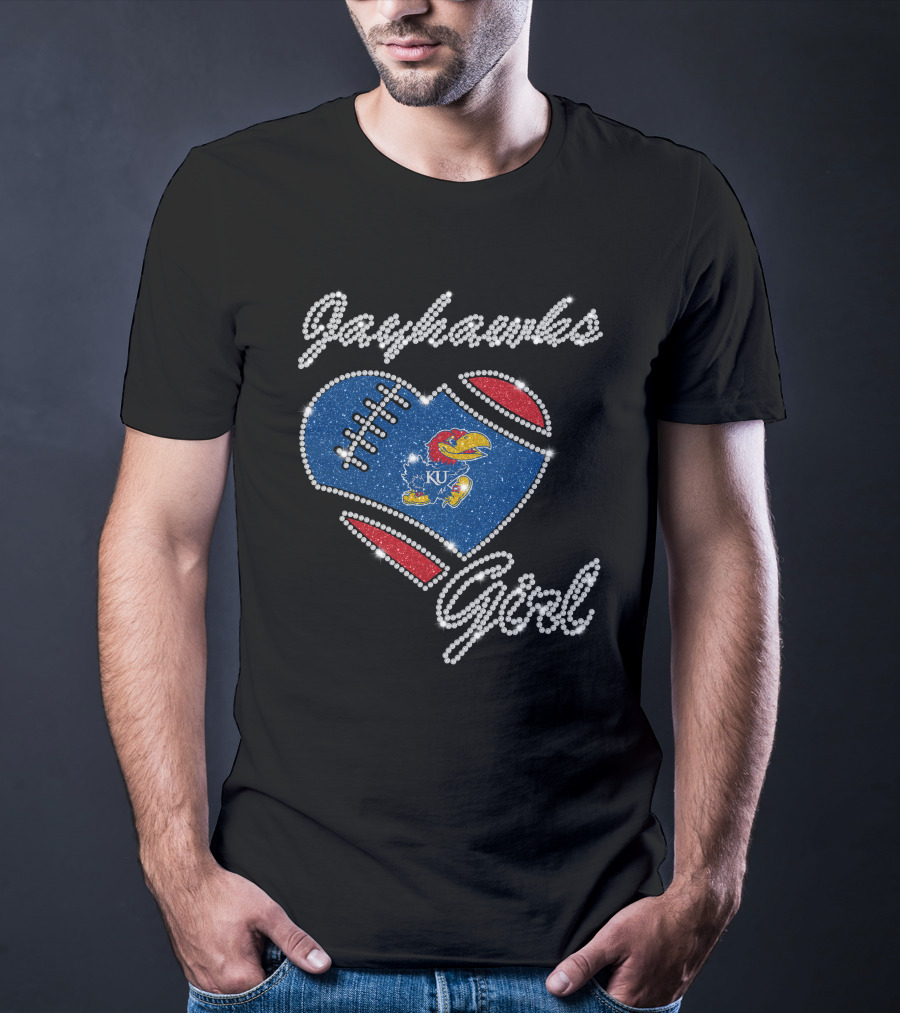 Jayhawks Girl KU Football Heart T-Shirt