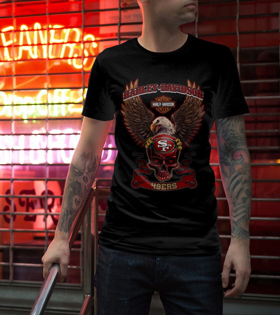 Harley Davidson Motorcycle Cycles San Francisco 49ers Nfl Eagle Skull T-Shirt