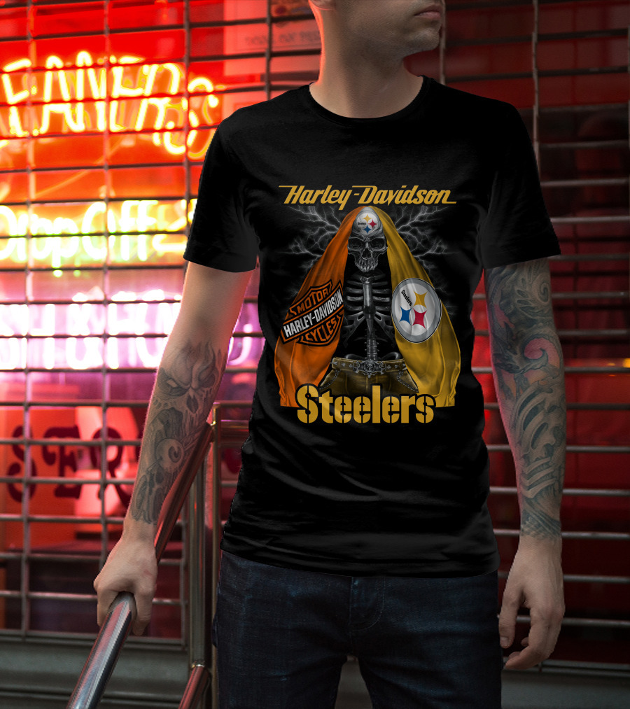 Harley Davidson Steelers Motorcycles Skull With Lightning T-Shirt