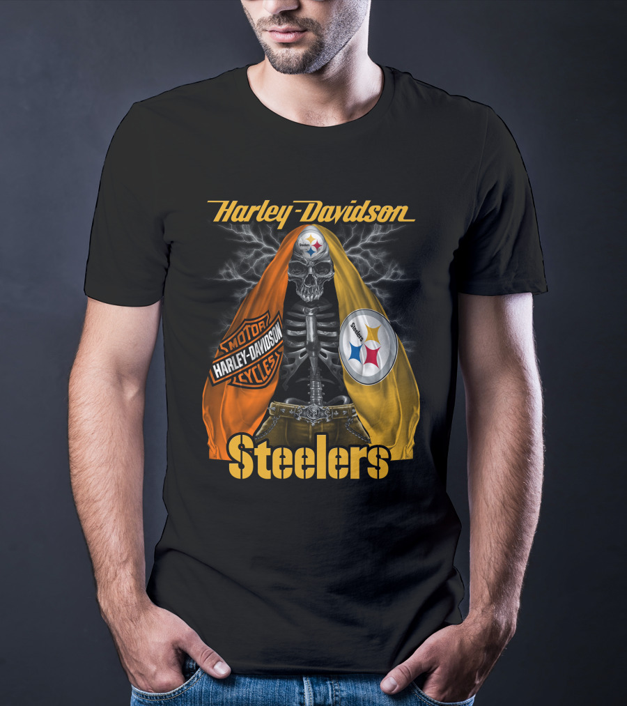 Harley Davidson Steelers Motorcycles Skull With Lightning T-Shirt