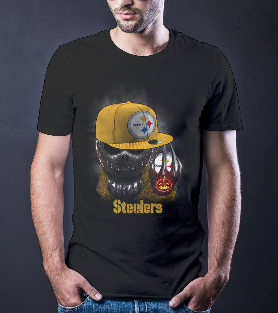 Steelers Skull With Yellow Cap And Pumpkin-Hand T-Shirt