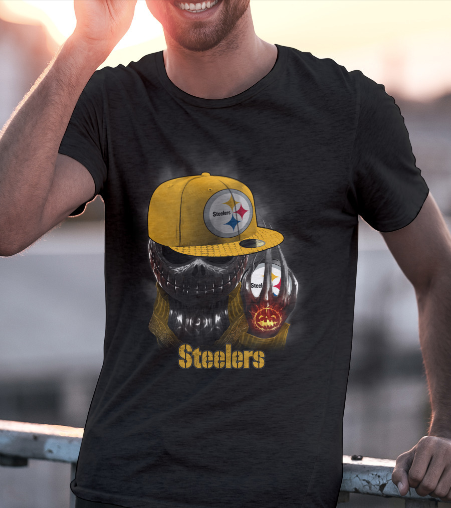 Steelers Skull With Yellow Cap And Pumpkin-Hand T-Shirt