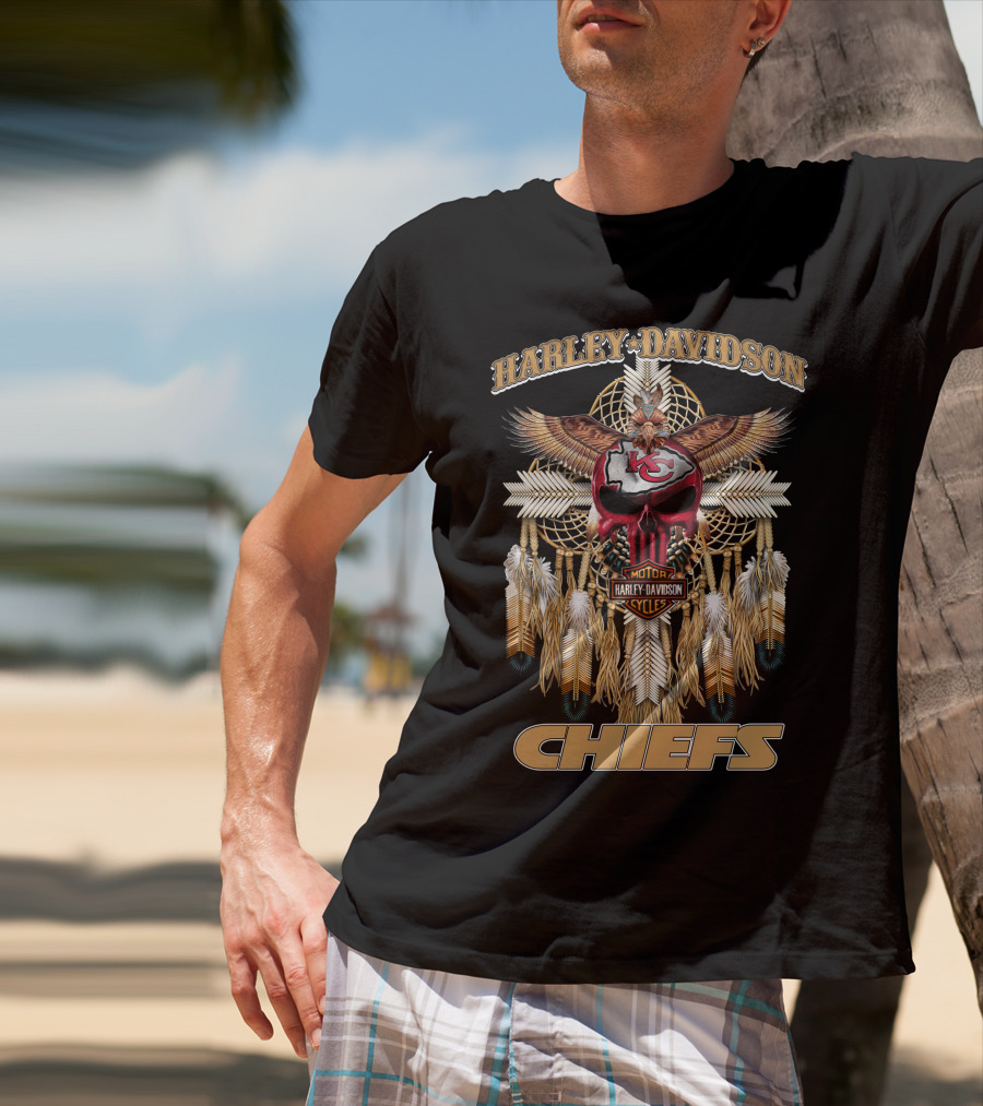 Harley Davidson Motor Cycles Kansas City Chiefs Eagles Feathers Dreamcatcher T-Shirt