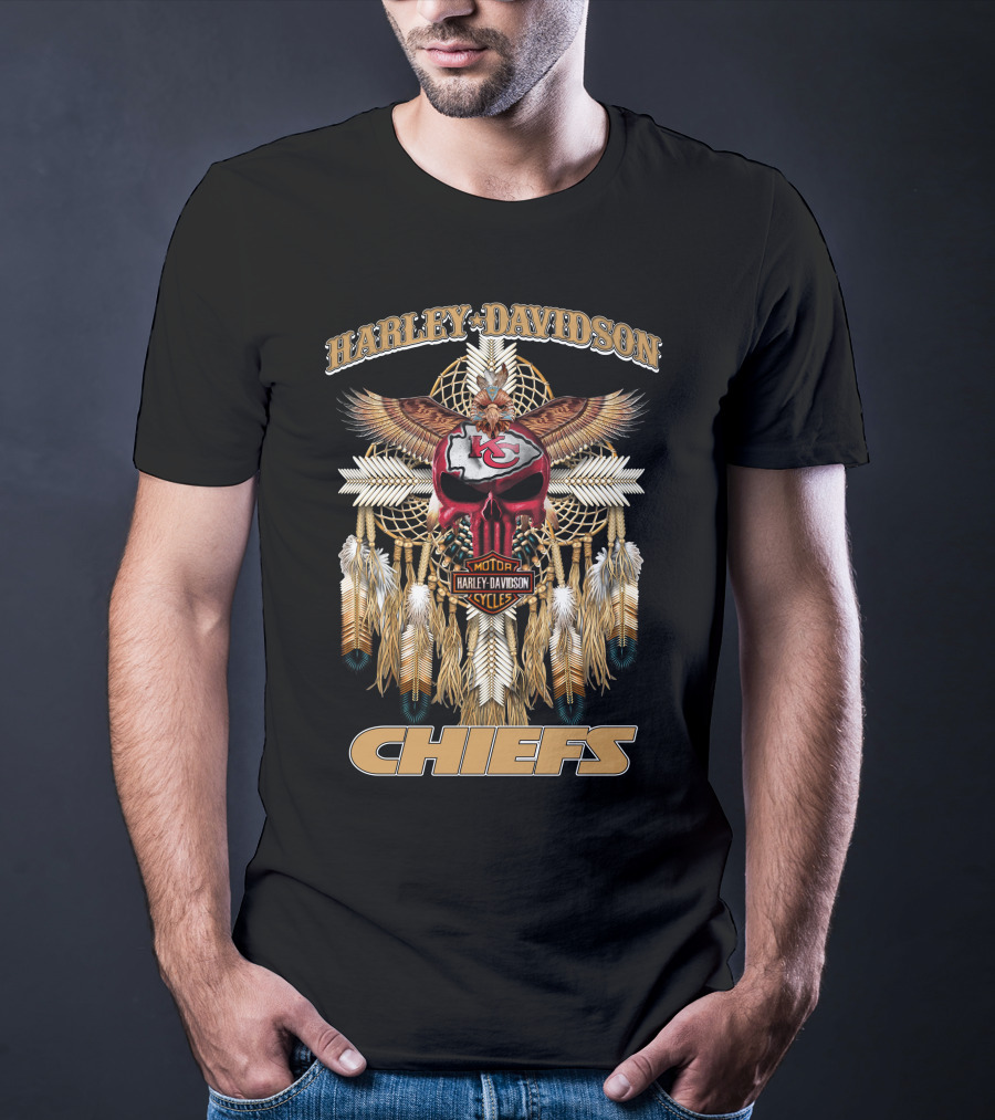 Harley Davidson Motor Cycles Kansas City Chiefs Eagles Feathers Dreamcatcher T-Shirt