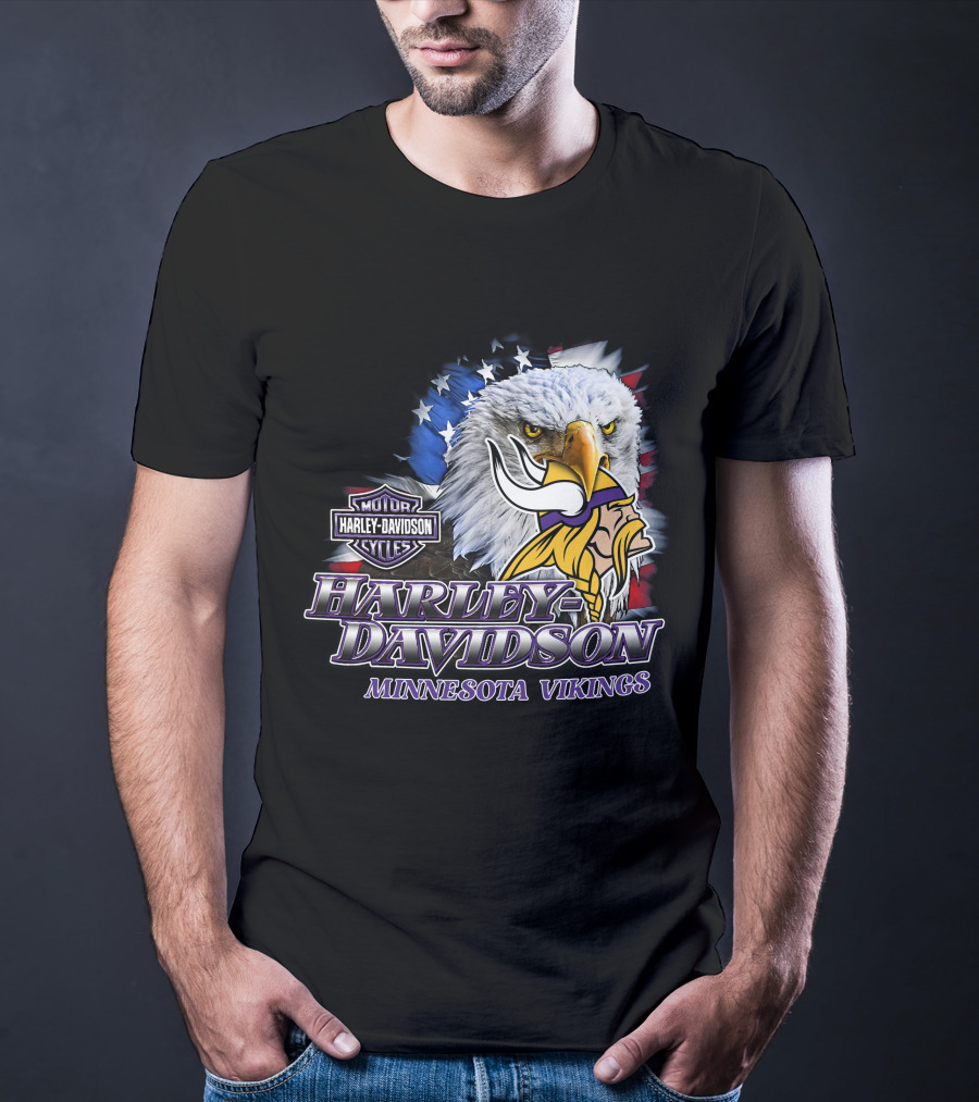 Harley Davidson Minnesota Vikings Nfl Eagles American Flag T-Shirt