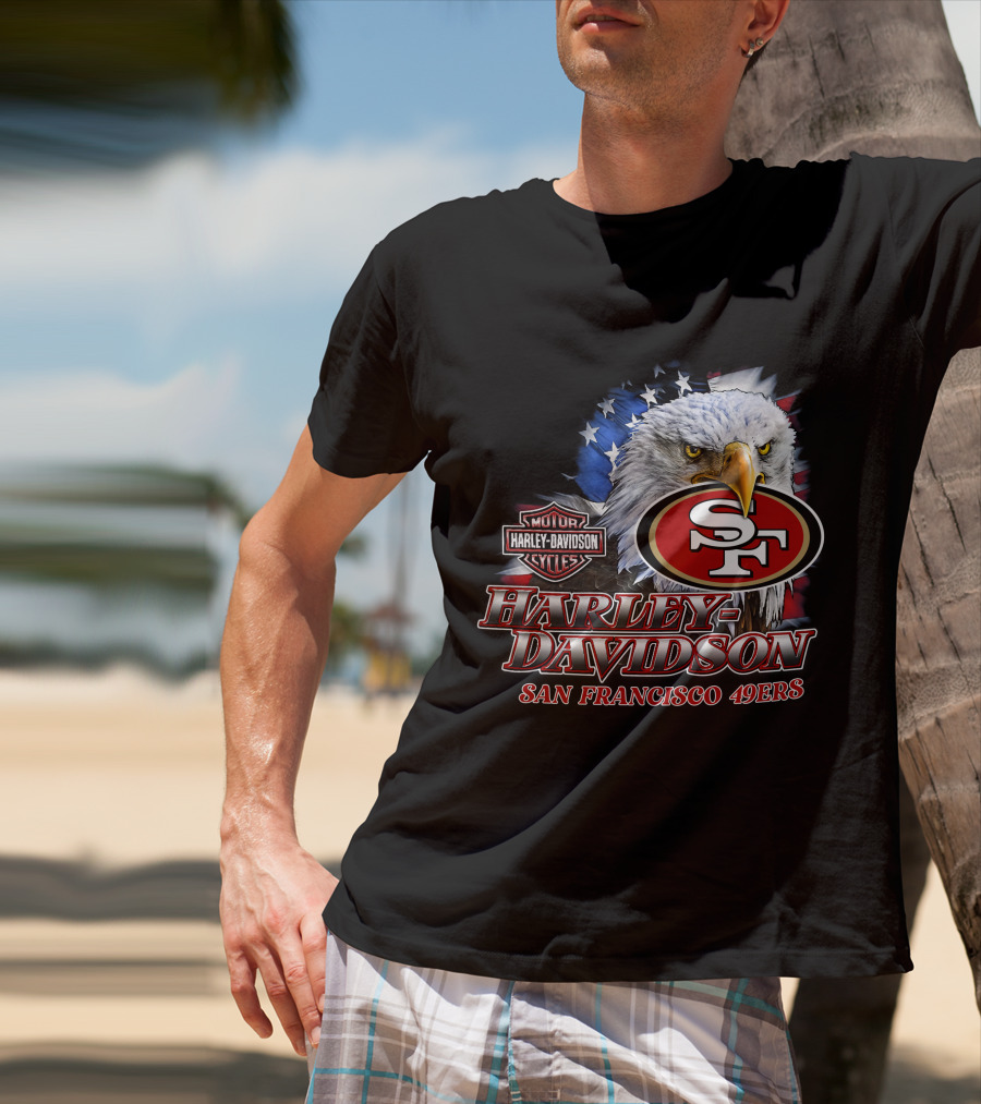 Harley Davidson San Francisco 49ers Nfl Eagles Logo With American Flag T-Shirt