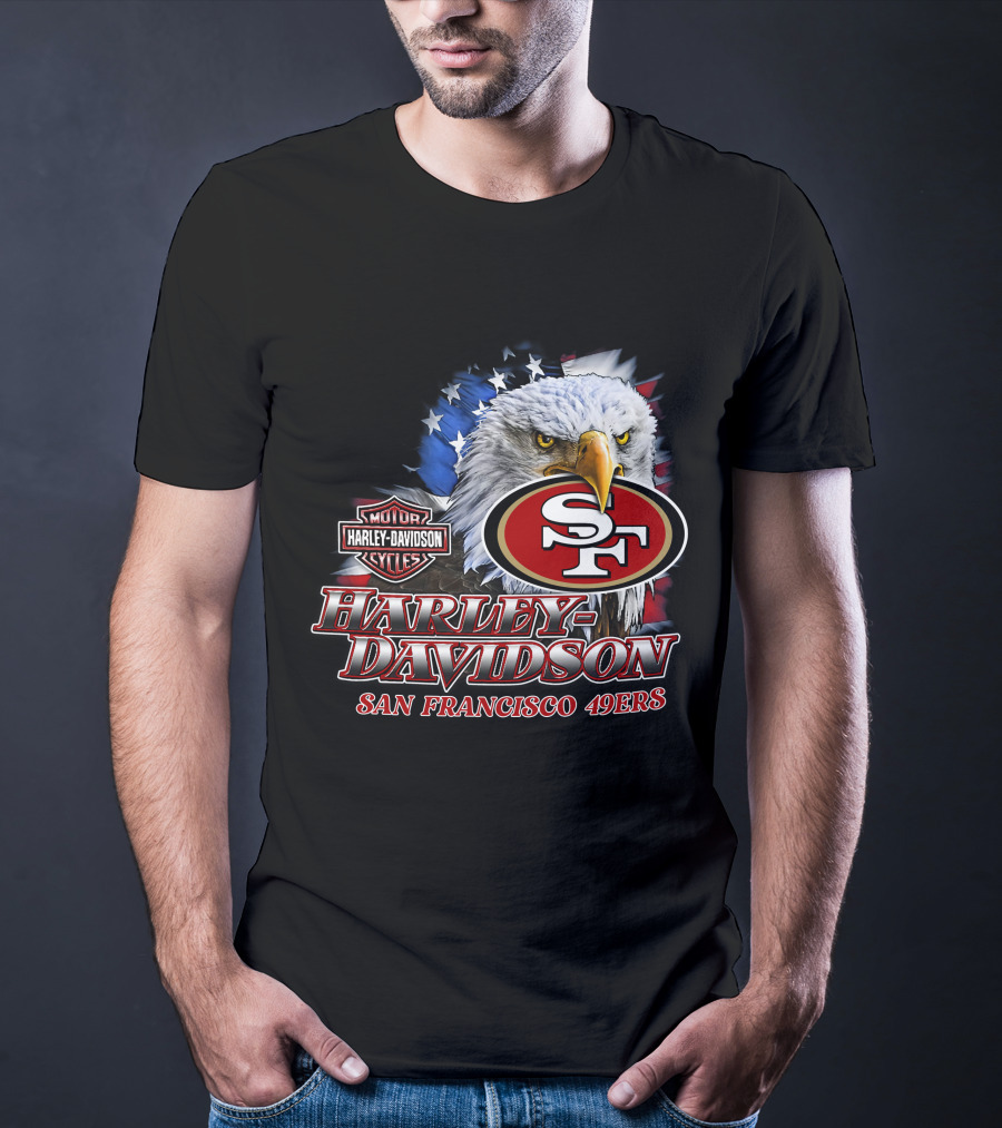 Harley Davidson San Francisco 49ers Nfl Eagles Logo With American Flag T-Shirt