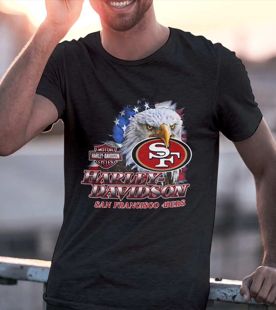 Harley Davidson San Francisco 49ers Nfl Eagles Logo With American Flag T-Shirt