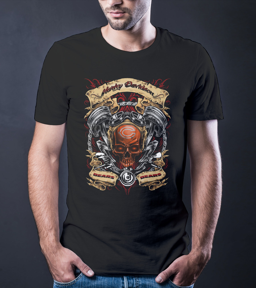 Harley Davidson Chicago Bears Nfl Skull And Pistons T-Shirt
