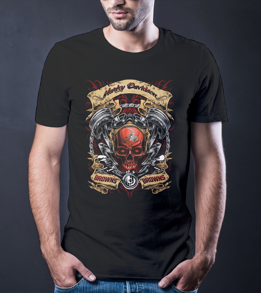 Cleveland Browns Nfl Harley Davidson Skull Helmet Engine Art Browns Browns T-Shirt