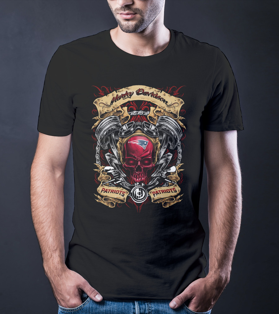Harley Davidson New England Patriots Nfl T5M1 Skull Motorbike Engine Art T-Shirt