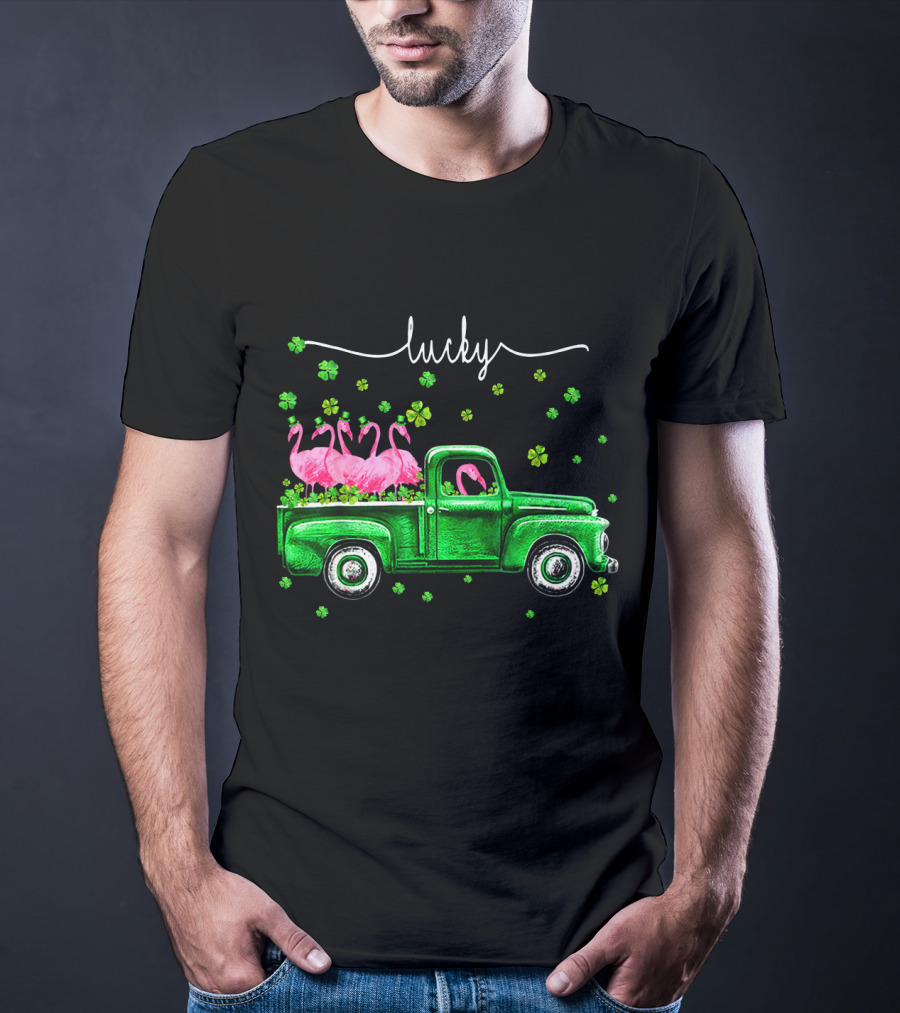 Lucky Flamingo Green Truck With Shamrocks T-Shirt