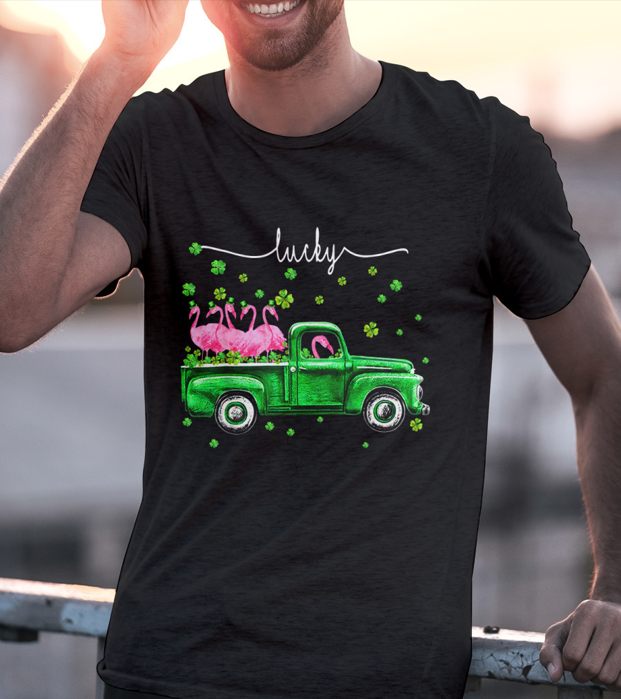 Lucky Flamingo Green Truck With Shamrocks T-Shirt