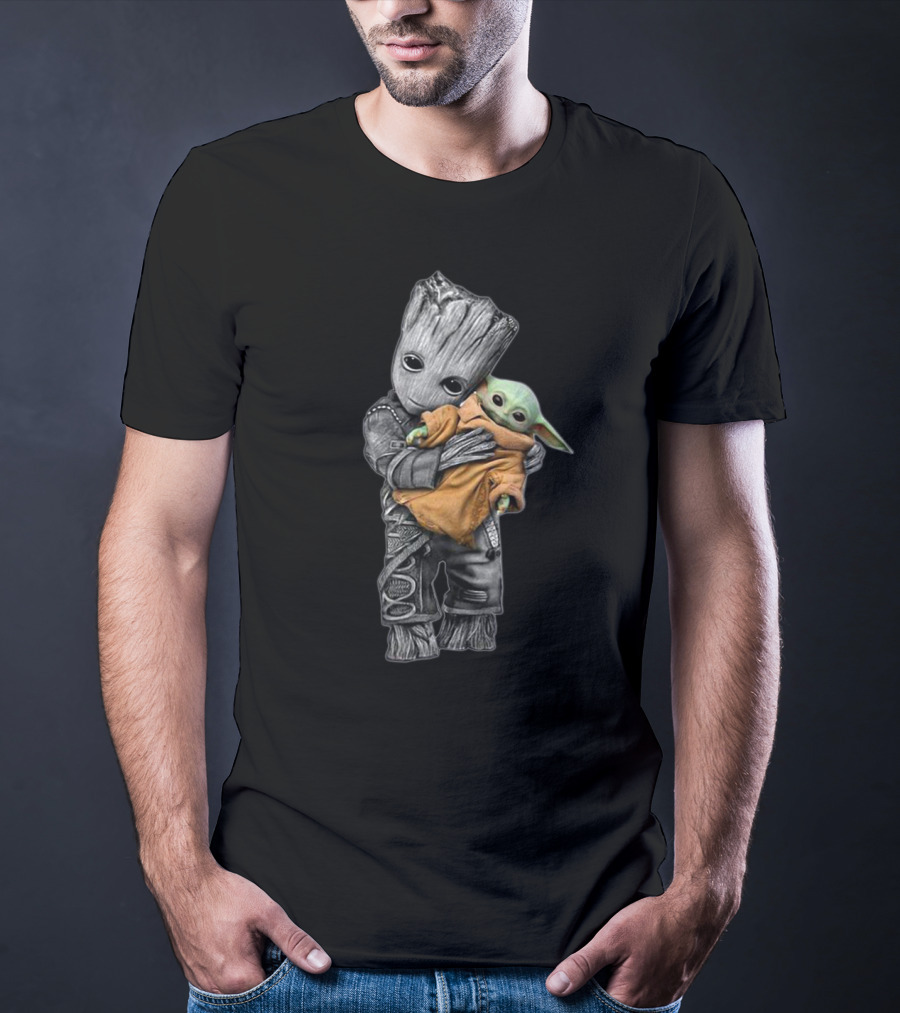 Baby Yoda And Groot Hugging Crossover Characters T-Shirt