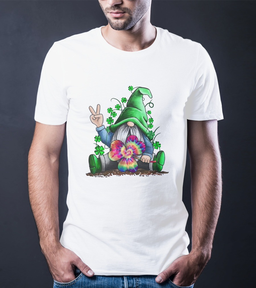 Shamrock Hippie Gnome Peace Sign Tie-Dye Clover Saint Patrick's Day T-Shirt