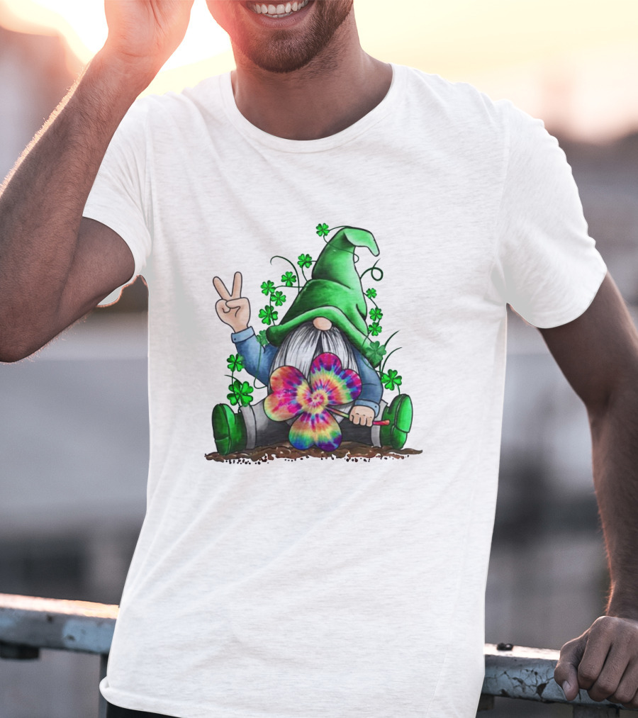 Shamrock Hippie Gnome Peace Sign Tie-Dye Clover Saint Patrick's Day T-Shirt