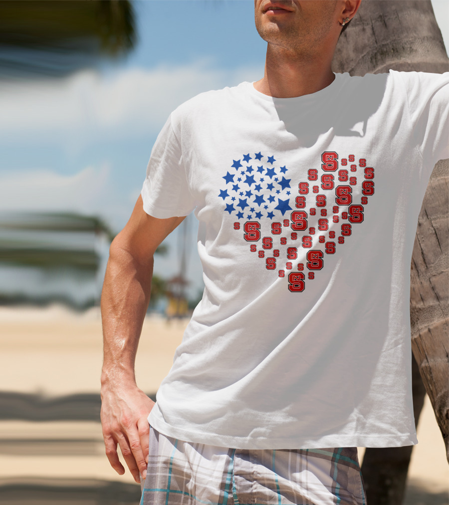 Nc State Heart Flag Blue Stars Red Logos T-Shirt