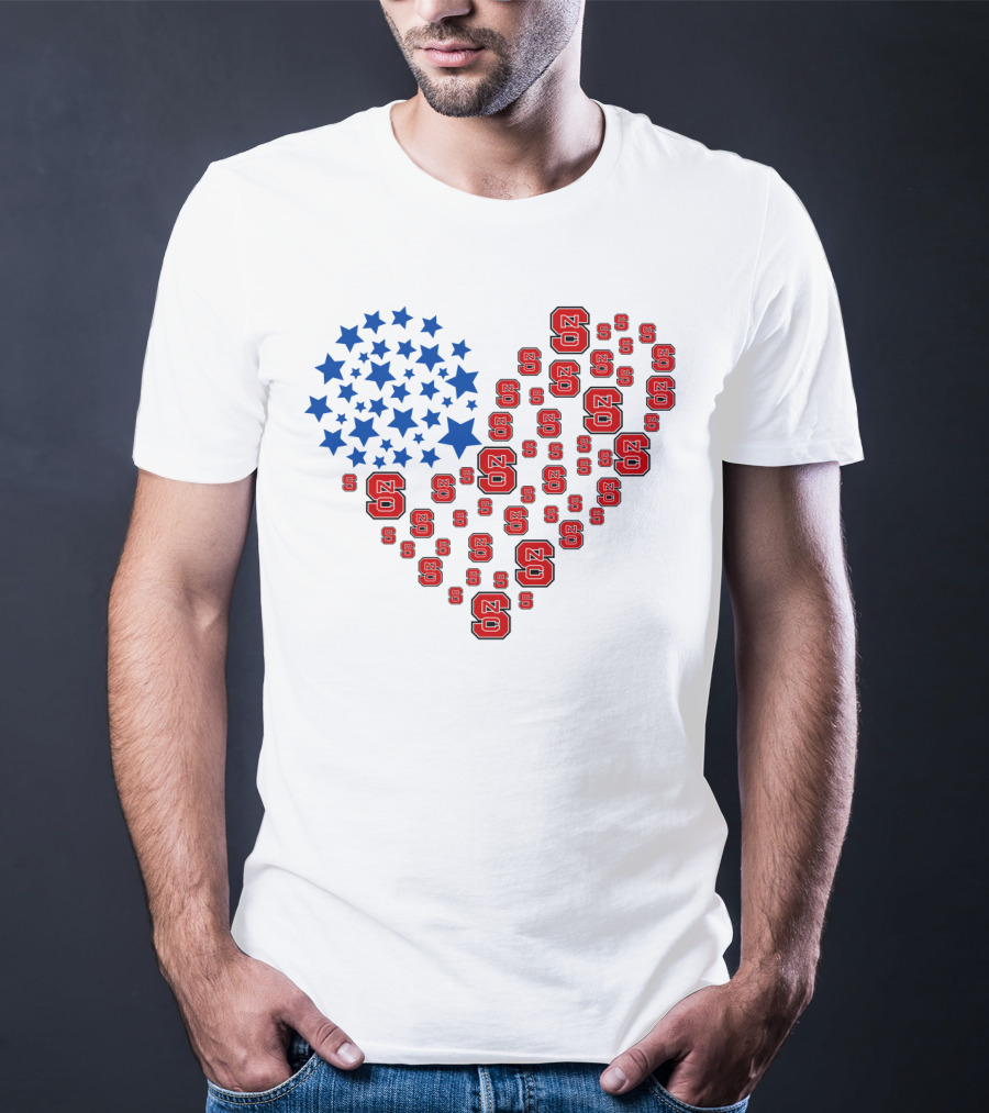 Nc State Heart Flag Blue Stars Red Logos T-Shirt