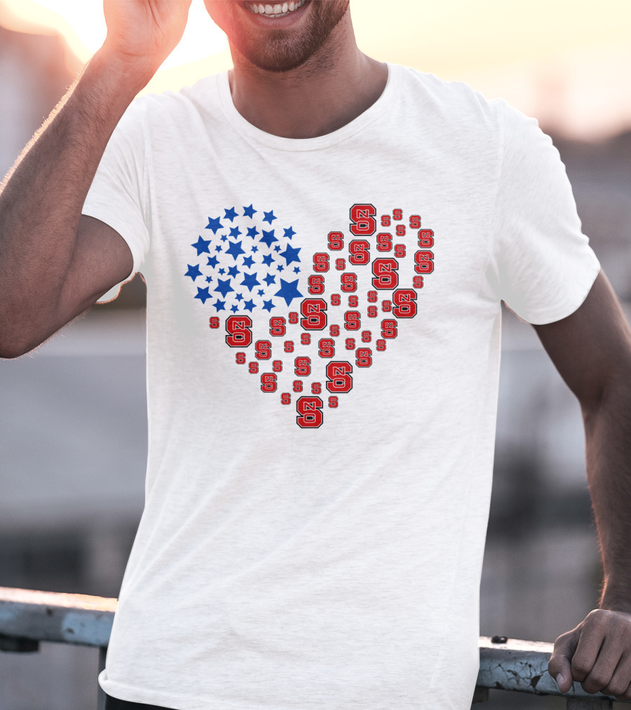 Nc State Heart Flag Blue Stars Red Logos T-Shirt