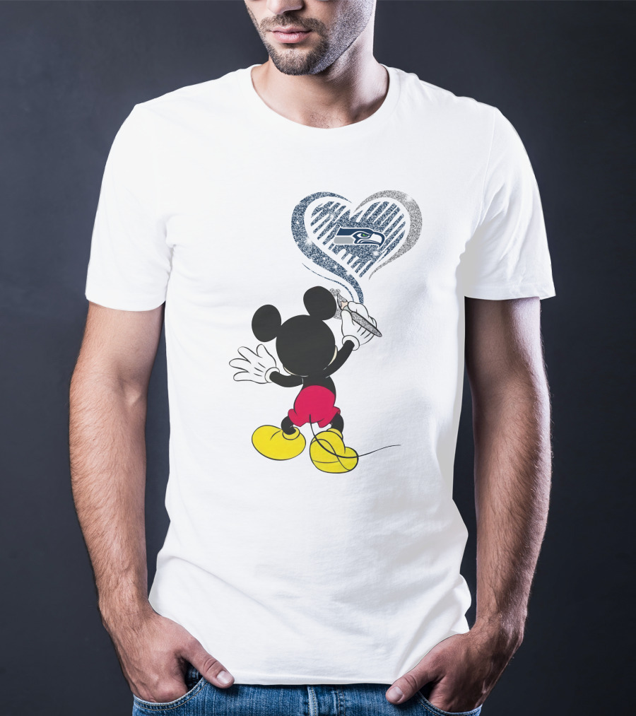 Mickey Mouse Drawing Seattle Seahawks Heart T-Shirt