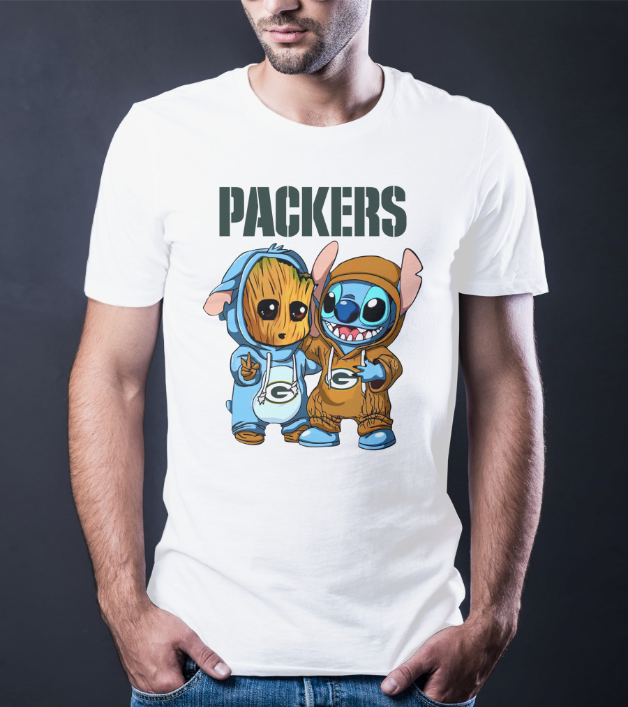 Packers Groot And Stitch Hug Wearing Green Bay Packers Hoodies T-Shirt