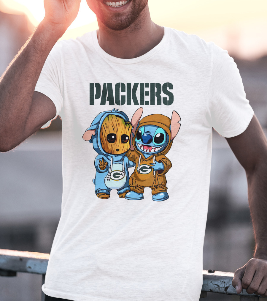 Packers Groot And Stitch Hug Wearing Green Bay Packers Hoodies T-Shirt