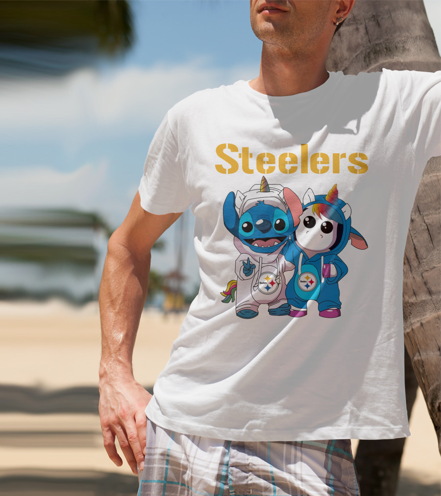 Steelers Stitch And Unicorn Duo With Rainbow Horns T-Shirt