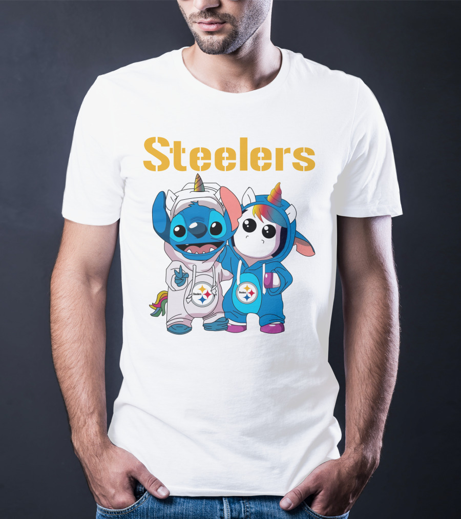 Steelers Stitch And Unicorn Duo With Rainbow Horns T-Shirt
