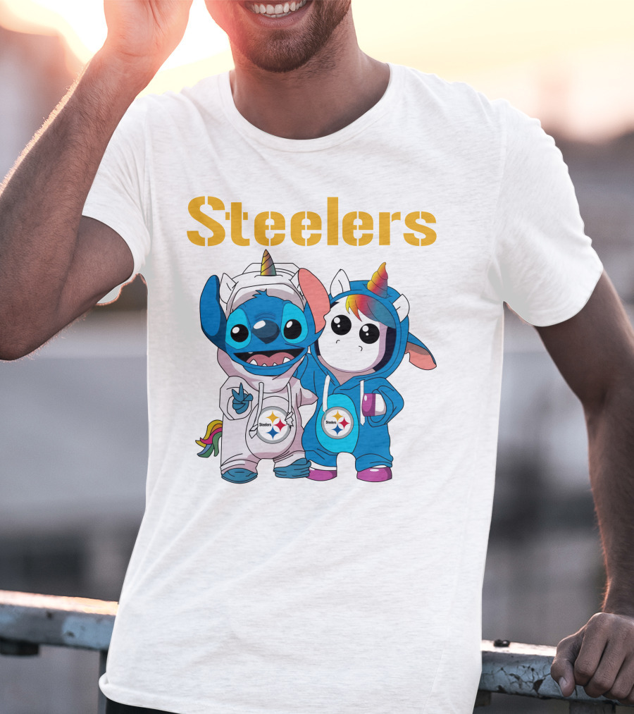 Steelers Stitch And Unicorn Duo With Rainbow Horns T-Shirt